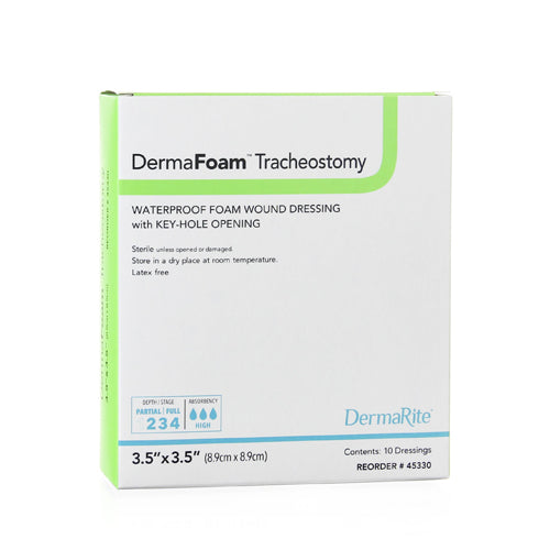 Foam Dressing DermaFoam® Tracheostomy 3-1/2 X 3-1/2 Inch Without Border Waterproof Backing Nonadhesive Fenestrated Square Sterile