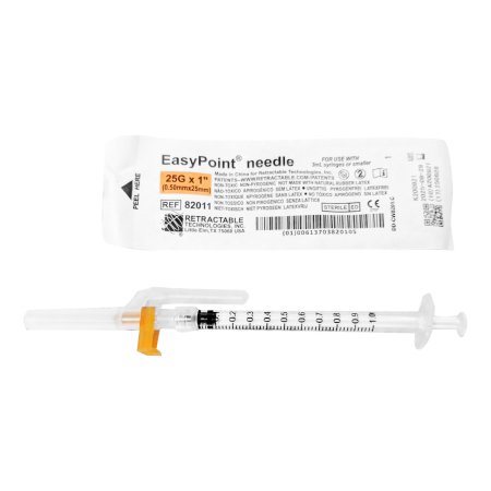 Safety Hypodermic Needle EasyPoint® 1 Inch Length 25 Gauge Regular Wall Retractable Safety Needle