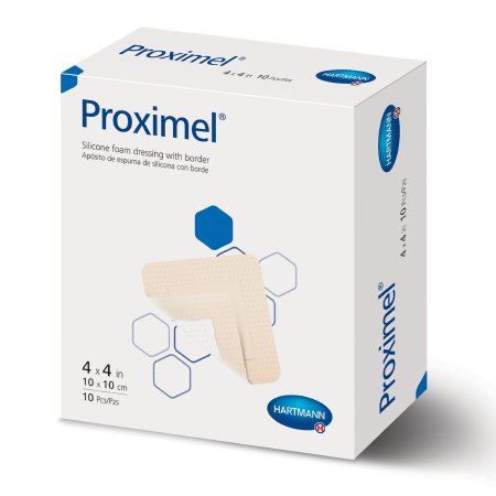 Foam Dressing Proximel® 4 X 4 Inch With Border Waterproof Film Backing Silicone Adhesive Square Sterile