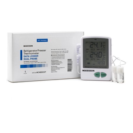 Datalogging Refrigerator / Freezer Thermometer with Alarm McKesson Fahrenheit / Celsius -58° to +158°F (-50° to +70°C) 2 Glycol Bottle Probes / Internal Sensor Flip-out Stand Battery Operated