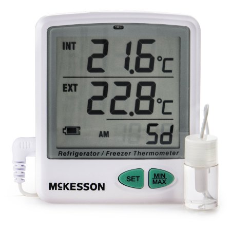 Datalogging Refrigerator / Freezer Thermometer with Alarm McKesson Fahrenheit / Celsius -50° to +158°F (-50° to +70°C) Flip-out Stand Battery Operated