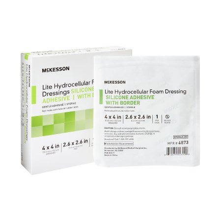 Thin Foam Dressing McKesson Lite 4 X 4 Inch With Border Film Backing Silicone Gel Adhesive Square Sterile
