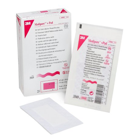 Adhesive Dressing 3M™ Medipore™ 3-1/2 X 6 Inch Soft Cloth Rectangle White Sterile