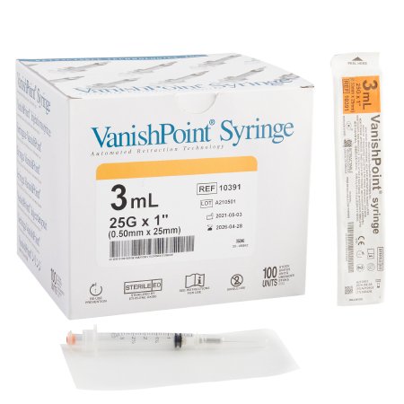 Safety Hypodermic Syringe with Needle VanishPoint® 3 mL 1 Inch 25 Gauge Retractable Safety Needle Regular Wall