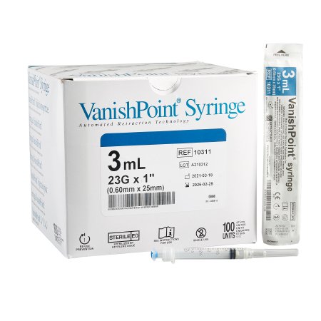 Safety Hypodermic Syringe with Needle VanishPoint® 3 mL 1 Inch 23 Gauge Retractable Safety Needle Regular Wall