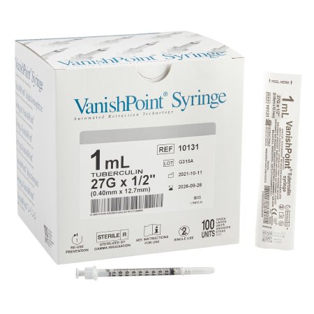 Safety Tuberculin Syringe with Needle VanishPoint® 1 mL 1/2 Inch 27 Gauge Retractable Safety Needle Regular Wall