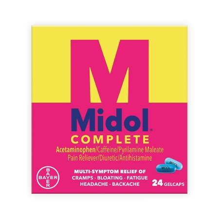 Cramp Relief Midol® Complete 500 mg - 60 mg - 15 mg Strength Acetaminophen / Caffeine / Pyrilamine Maleate Gelcap 24 per Box