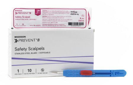 Safety Scalpel McKesson Prevent® B No. 11 Stainless Steel / Plastic Sensory Grip Handle Sterile Disposable
