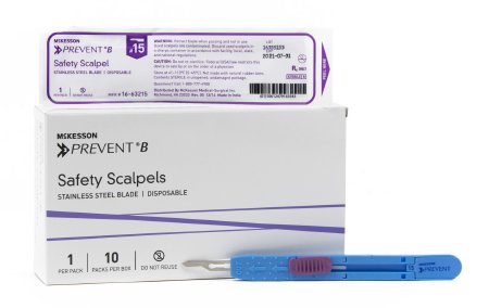 Safety Scalpel McKesson Prevent® B No. 15 Stainless Steel / Plastic Sensory Grip Handle Sterile Disposable