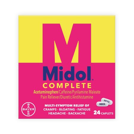Cramp Relief Midol® Complete 500 mg - 60 mg - 15 mg Strength Acetaminophen / Caffeine / Pyrilamine Maleate Caplet 24 per Box