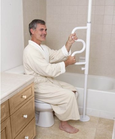 Security Pole with Curved Grab Bar Stander™ White Powder-Coated Steel