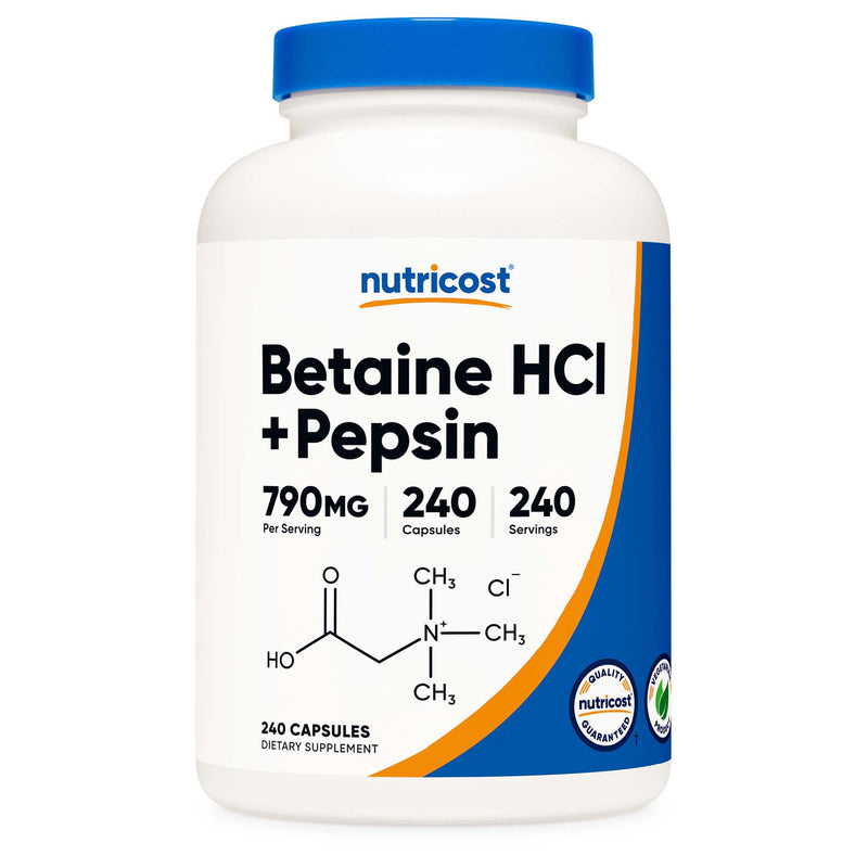 Dietary Supplement nutricost® Betaine HCl / Pepsin 790 mg Strength Capsule 240 Per Bottle