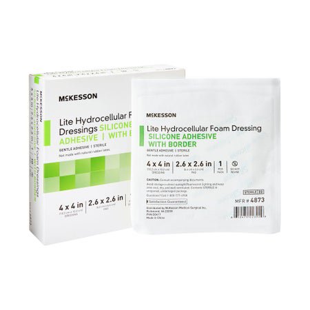 Thin Foam Dressing McKesson Lite 4 X 4 Inch With Border Film Backing Silicone Gel Adhesive Square Sterile