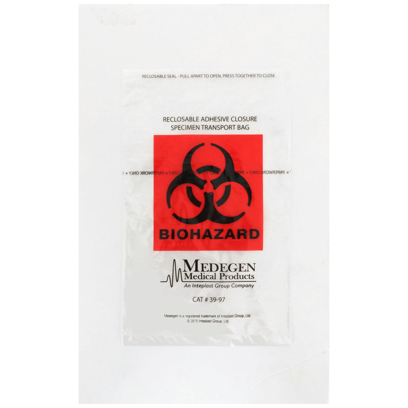 Medegen Specimen Transport Bag with Document Pouch, Adhesive Closure, 6 x 9 Inch