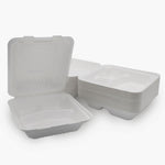 3 Compartment Clamshell Food Container Medd Max LLC 8 X 8 Inch White Compostable Bagasse
