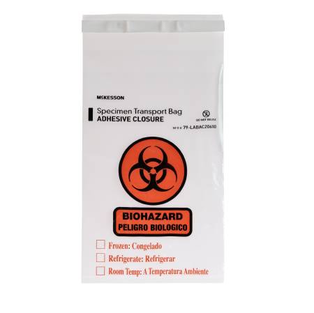 Specimen Transport Bag with Document Pouch McKesson 6 X 10 Inch Adhesive Closure Biohazard Symbol / Storage Instructions NonSterile