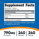 Dietary Supplement nutricost® Betaine HCl / Pepsin 790 mg Strength Capsule 240 Per Bottle