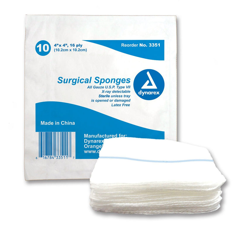 Gauze Sponge Dynarex® 4 X 4 Inch 16-Ply Sterile X-Ray Detectable 10 per Tray