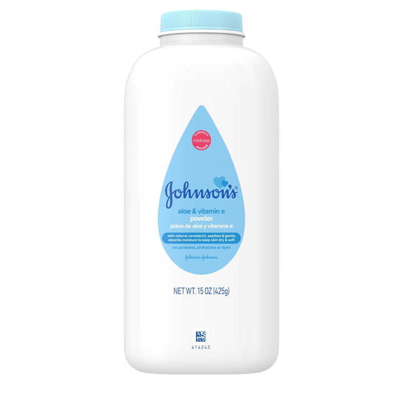 Baby Powder Johnson's® Aloe and Vitamin E 15 oz. Scented Shaker Bottle Zea Mays (Corn) Starch, Fragrance, Tricalcium Phosphate, Aloe Barbadenisis Leaf Extract, Tocopheryl Acetate, Naturally-derived Ingredients, Vitamin E