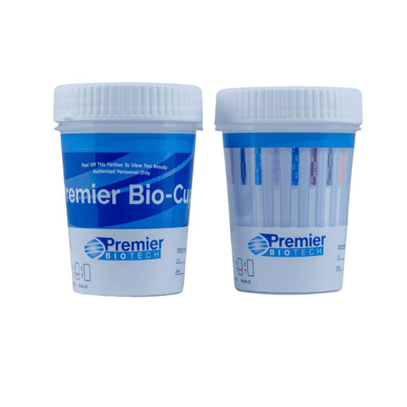 Drugs of Abuse Test Kit Premier Bio-Cup® AMP500, BAR300, BUP10, BZO300, COC150, FEN1, mAMP/MET500, MDMA500, MOR300, MTD300, OXY100, PCP25, THC50, TML100 (pH, OX, SG) 25 Tests CLIA Waived