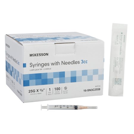 Standard Hypodermic Syringe with Needle McKesson 3 mL 5/8 Inch 25 Gauge NonSafety Thin Wall