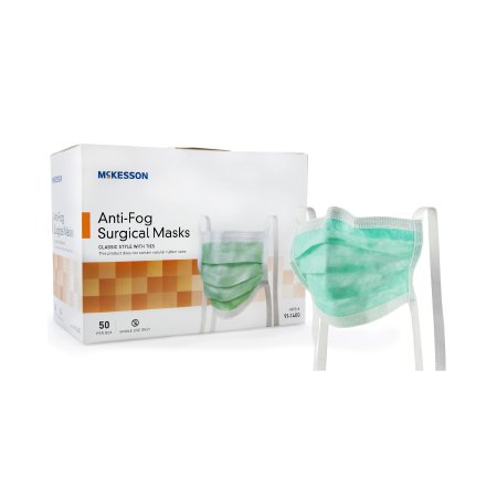 Surgical Mask McKesson Anti-fog Pleated Tie Closure One Size Fits Most Green NonSterile ASTM Level 1 Adult