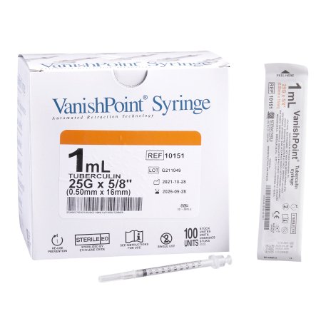 Safety Tuberculin Syringe with Needle VanishPoint® 1 mL 5/8 Inch 25 Gauge Retractable Safety Needle Regular Wall
